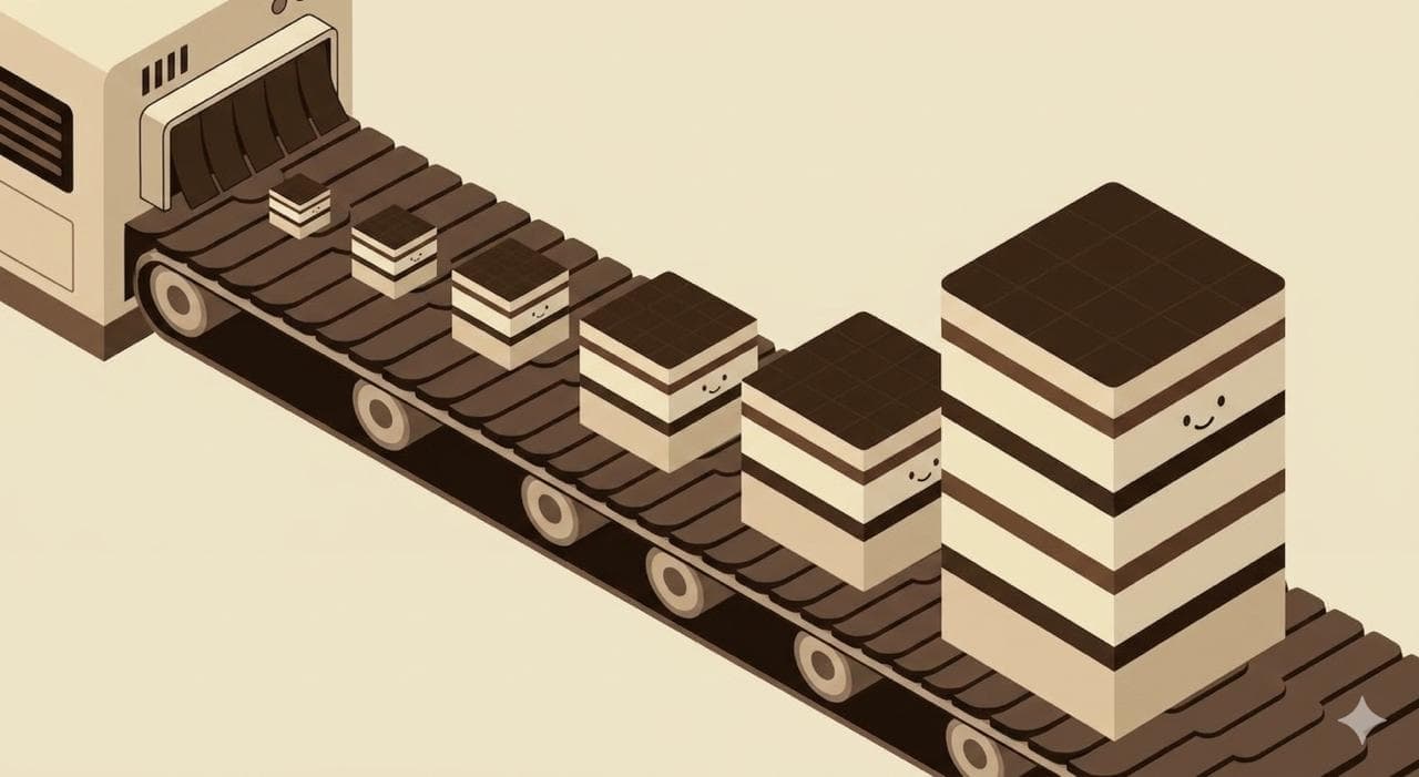 A factory machine producing progressively larger smiling tiramisu cubes on a conveyor belt